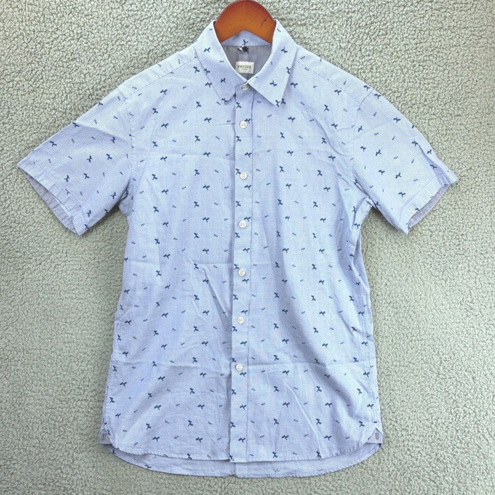 Breuer Paris Shirt Short Sleeve Button Down Mens 15.25 Blue Airplane Print